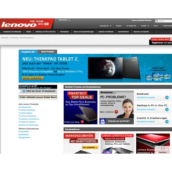 Die Webseite vom Lenovo.com Shop