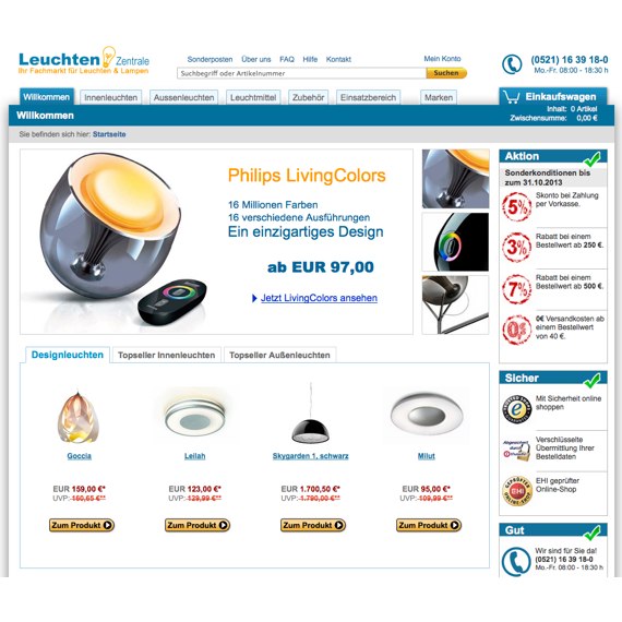 Die Webseite vom Leuchtenzentrale.de Shop