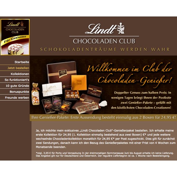 Die Webseite vom Lindtchocoladenclub.de Shop