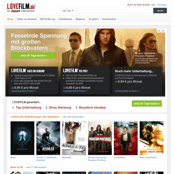 Die Webseite vom Lovefilm.de Shop