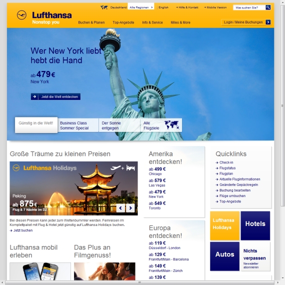 Die Webseite vom Lufthansa.com Shop