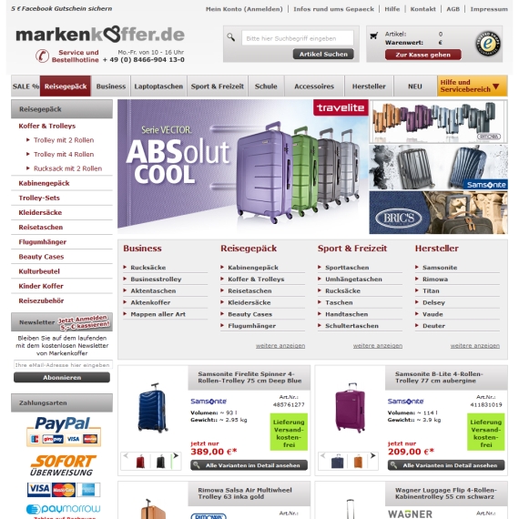 Die Webseite vom Markenkoffer.de Shop