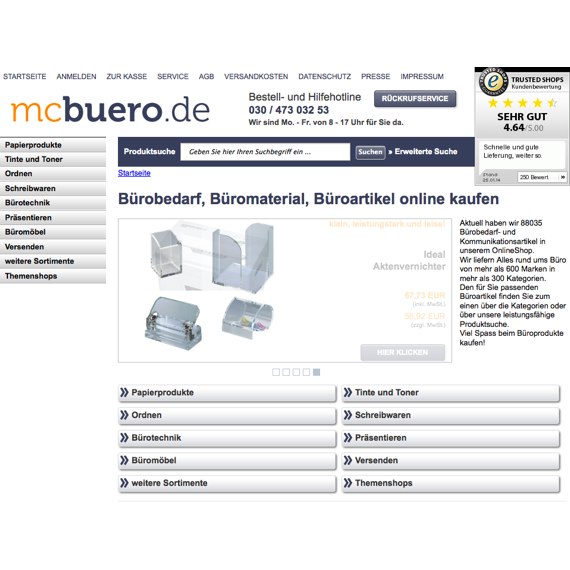 Die Webseite vom mcbuero.de Shop