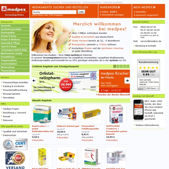 Die Webseite vom Medpex.de Shop