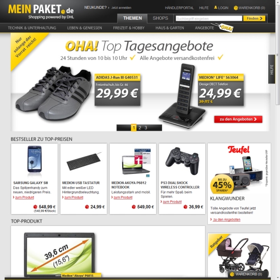 Die Webseite vom MeinPaket.de Shop