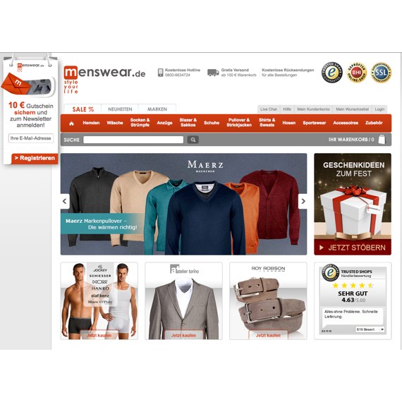 Die Webseite vom Menswear.de Shop