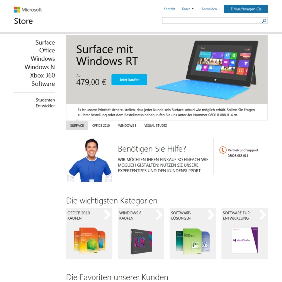 Die Webseite vom MicrosoftStore.com Shop