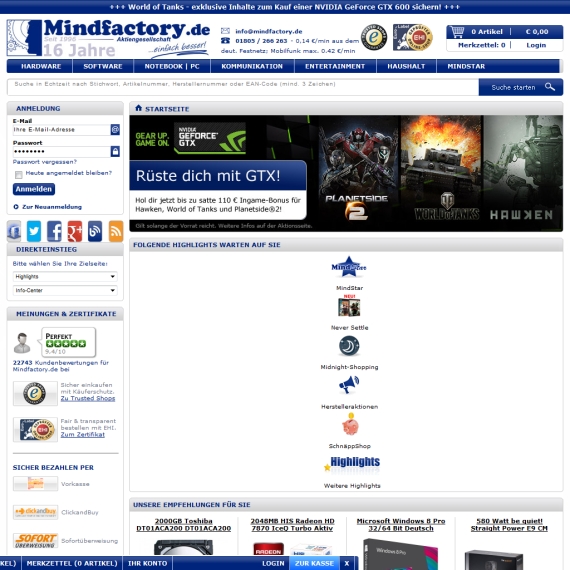 Die Webseite vom Mindfactory.de Shop
