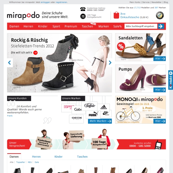 Die Webseite vom Mirapodo.de Shop