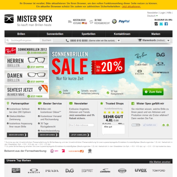 Die Webseite vom Misterspex.de Shop