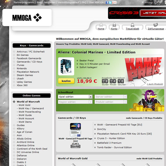 Die Webseite vom MMOGA.de Shop