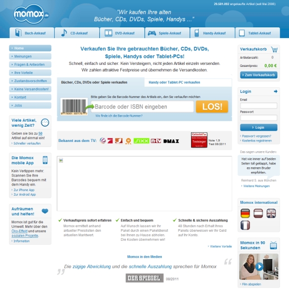 Die Webseite vom momox.de Shop