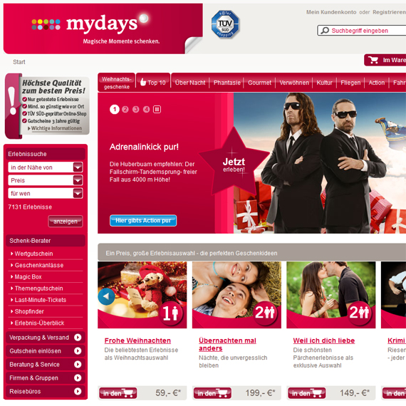 Die Webseite vom mydays.de Shop