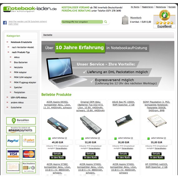 Die Webseite vom notebook-laden.de Shop