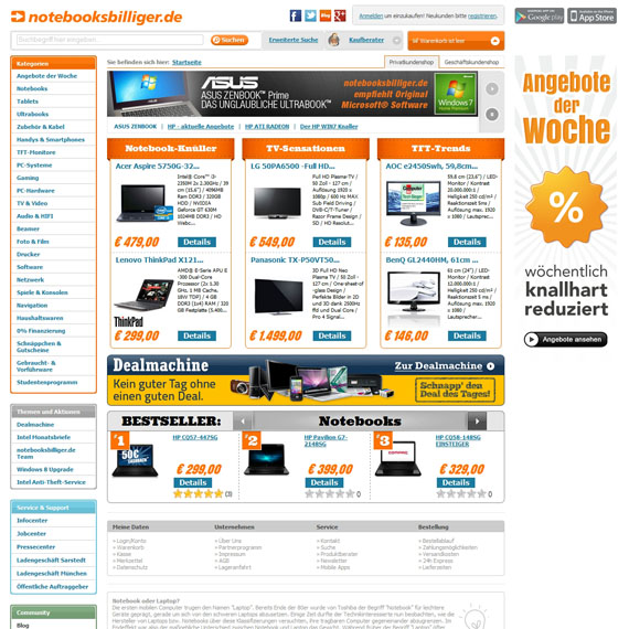 Die Webseite vom Notebooksbilliger.de Shop