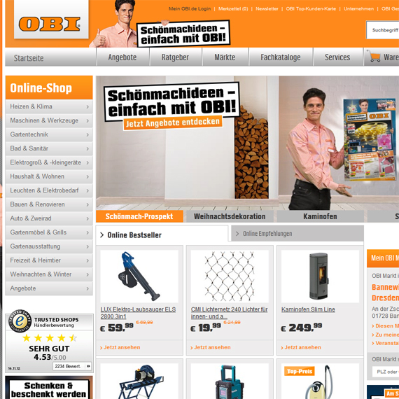 Die Webseite vom OBI.de Shop