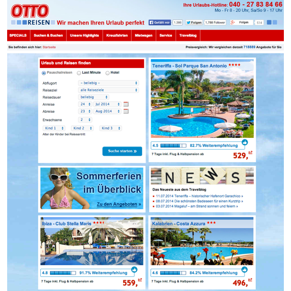 Die Webseite vom Otto-Reisen.de Shop