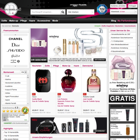 Die Webseite vom Parfumdreams.de Shop
