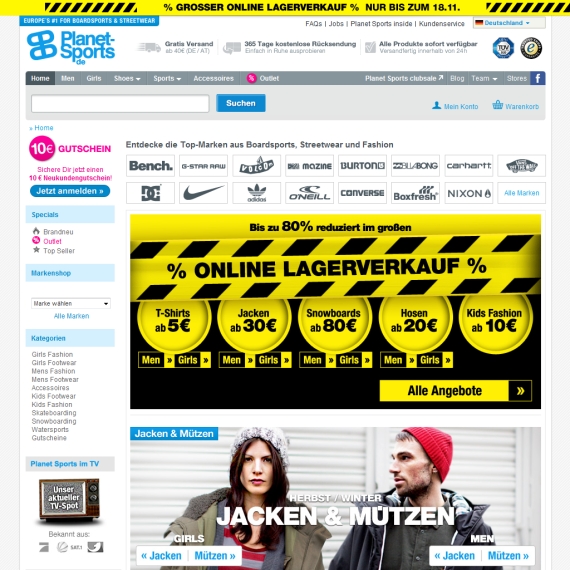 Die Webseite vom Planet-Sports.de Shop