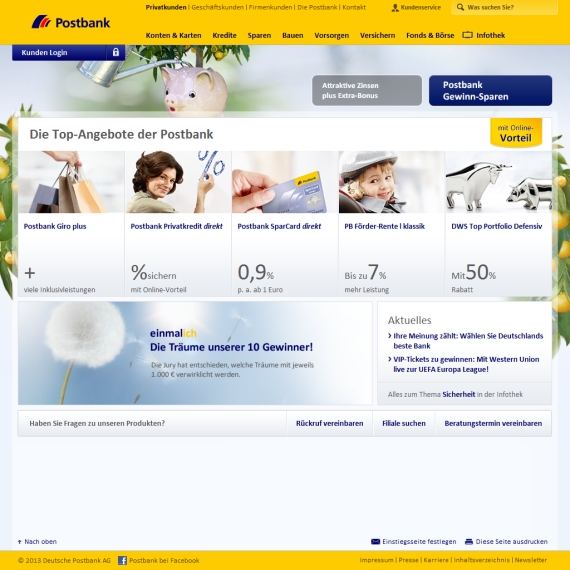 Die Webseite vom Postbank.de Shop