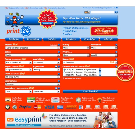 Die Webseite vom Print24.com Shop