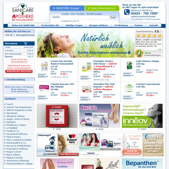 Die Webseite vom SANICARE.de Shop