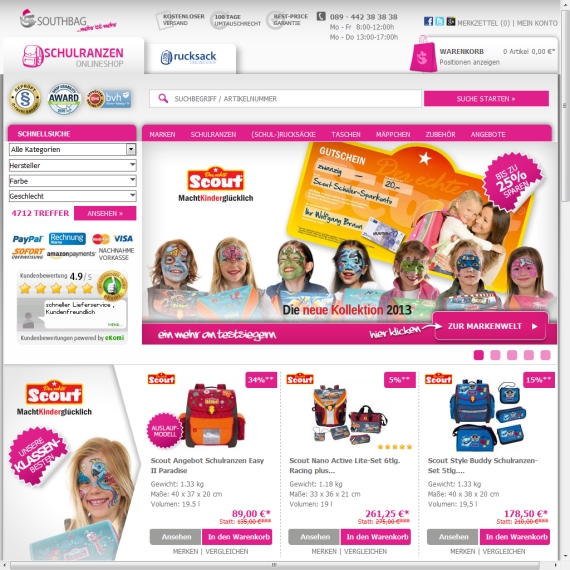 Die Webseite vom Schulranzen-Onlineshop.de Shop