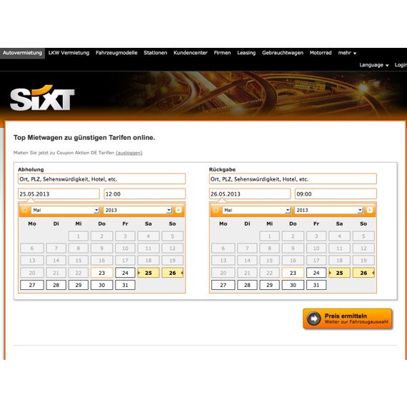 Die Webseite vom Sixt.de Shop
