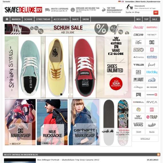 Die Webseite vom Skatedeluxe.de Shop