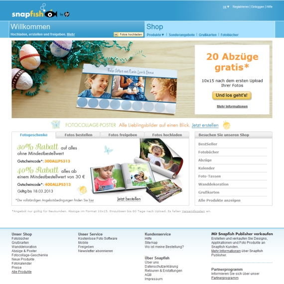Die Webseite vom Snapfish.de Shop