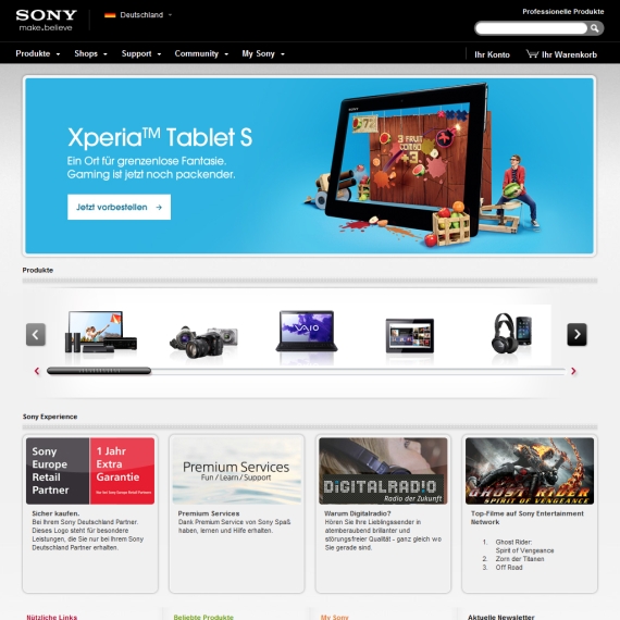 Die Webseite vom Sony.de Shop