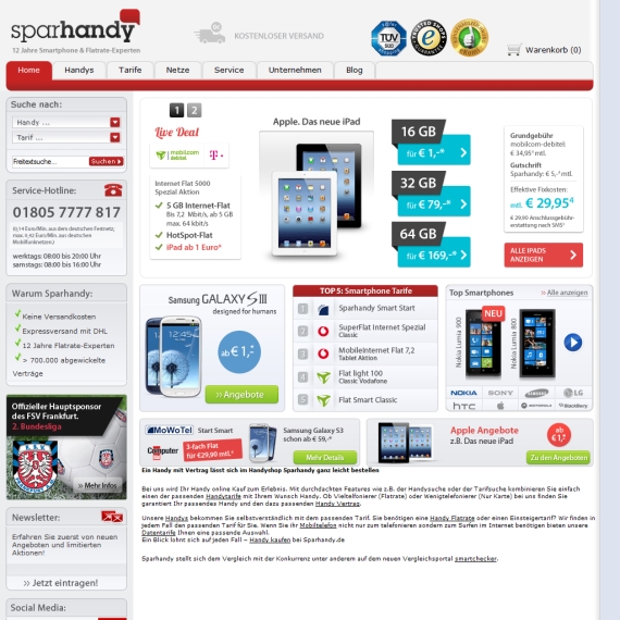 Die Webseite vom Sparhandy.de Shop