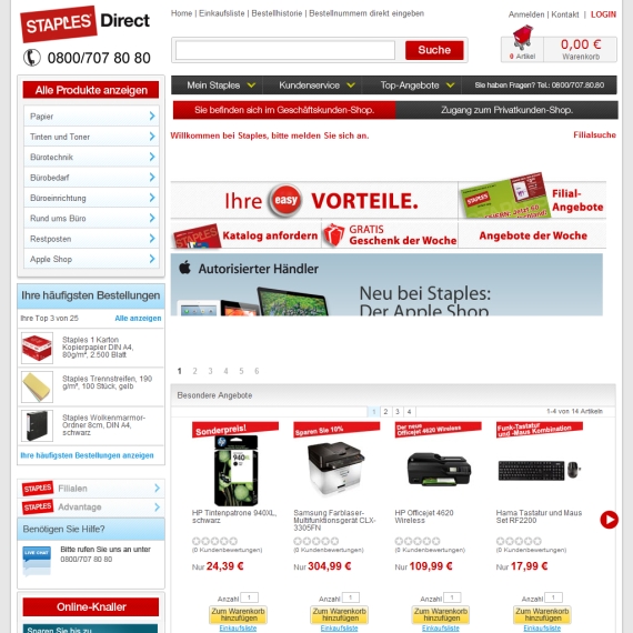 Die Webseite vom Staples.de Shop