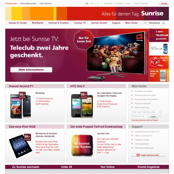 Die Webseite vom Sunrise.ch Shop