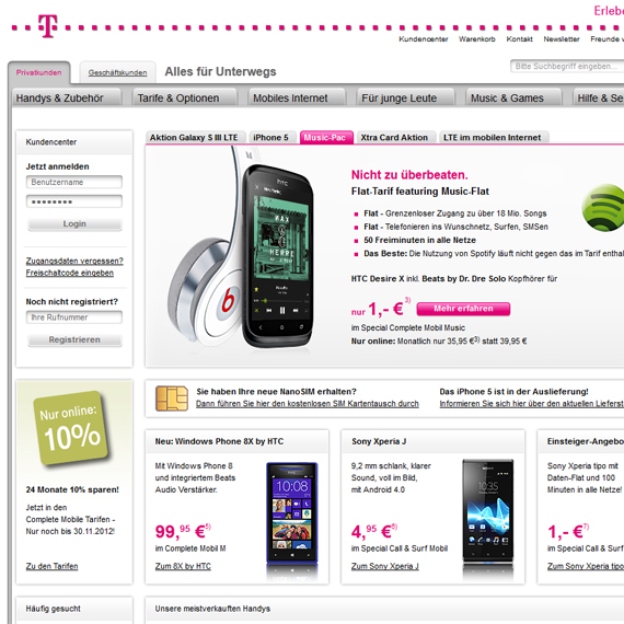 Die Webseite vom T-Mobile.de Shop
