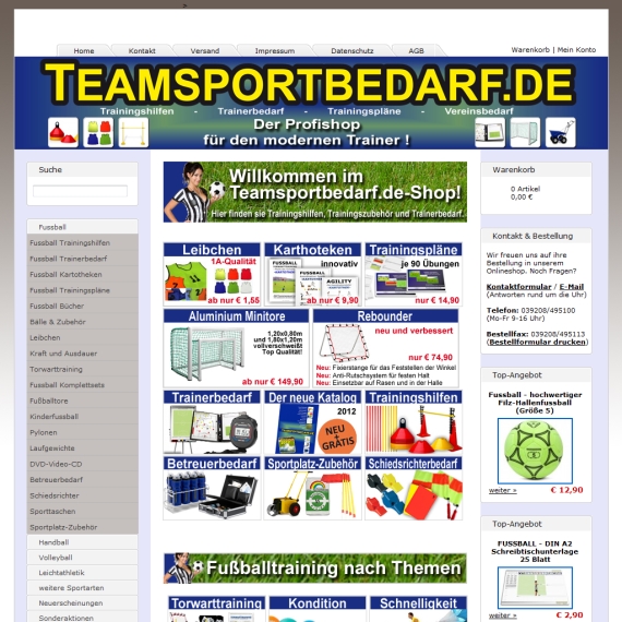 Die Webseite vom Teamsportbedarf.de Shop