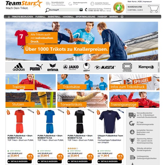 Die Webseite vom Teamstars.de Shop