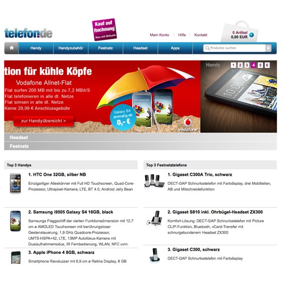 Die Webseite vom Telefon.de Shop