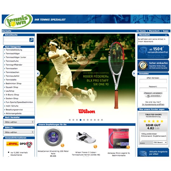 Die Webseite vom Tennistown.de Shop