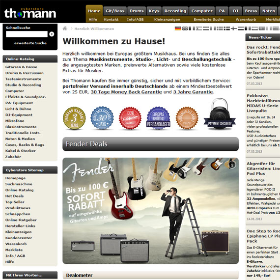 Die Webseite vom Thomann.de Shop
