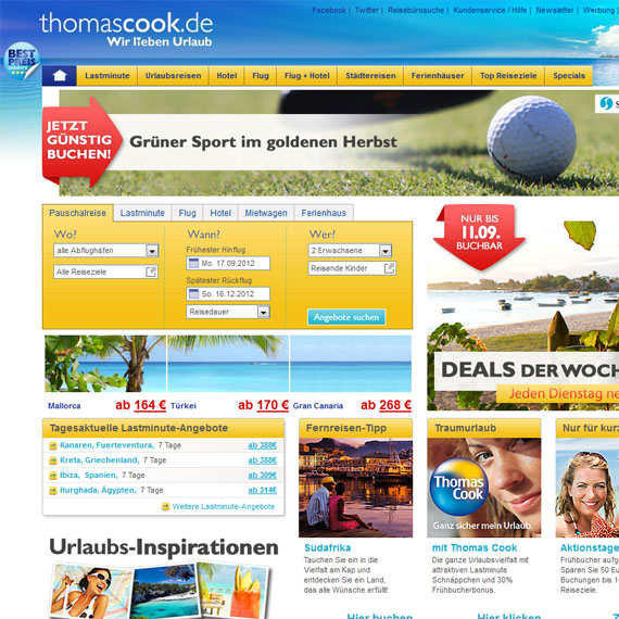 Die Webseite vom ThomasCook.de Shop