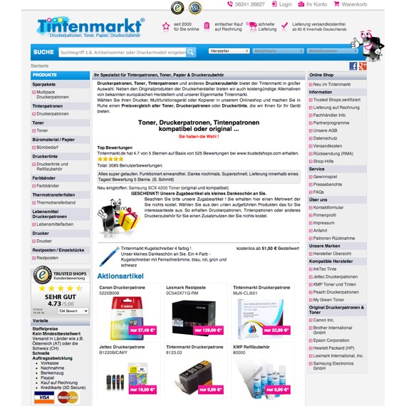 Die Webseite vom Tintenmarkt.de Shop