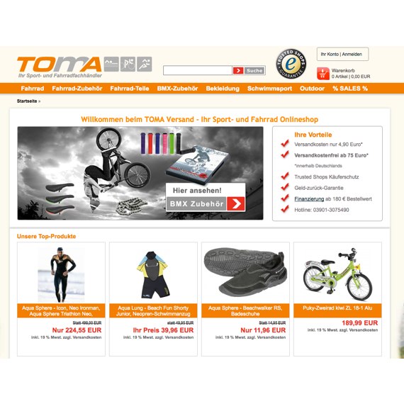 Die Webseite vom TOMA-Versand.com Shop