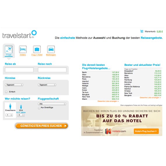 Die Webseite vom Travelstart.de Shop