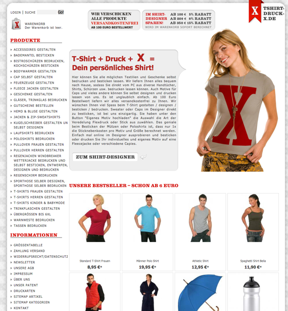 Die Webseite vom Tshirt-Druck-x.de Shop