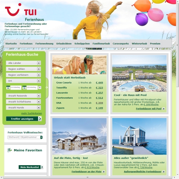 Die Webseite vom TUI-Ferienhaus.de Shop