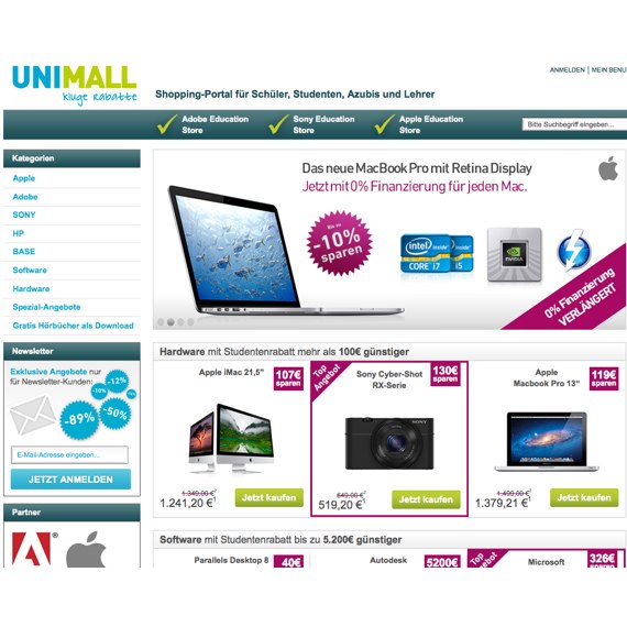 Die Webseite vom Unimall.de Shop