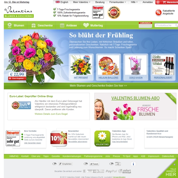 Die Webseite vom Valentins.de Shop
