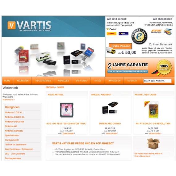Die Webseite vom Vartis.de Shop