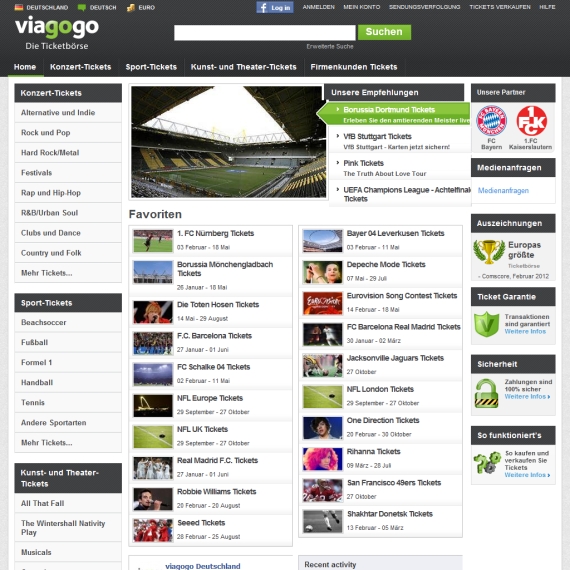 Die Webseite vom Viagogo.de Shop
